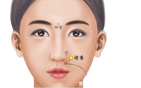 迎香穴位位置圖，位于鼻翼兩側(cè)1厘米皺紋處(緩解感冒鼻塞/止鼻血)